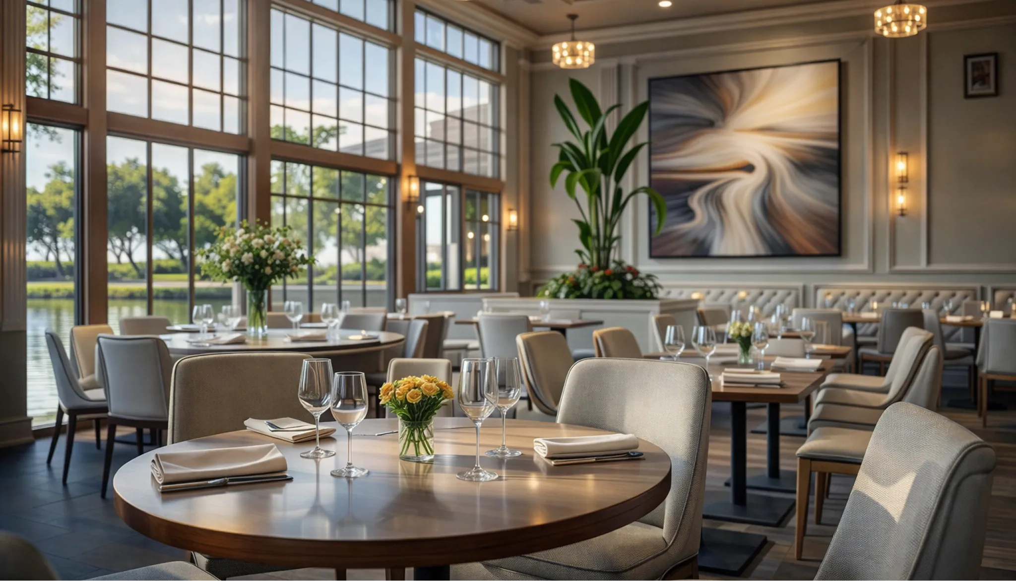 Elegant restaurant interior with round wooden tables, beige upholstered chairs, floral centerpieces, large windows, and abstract wall art.