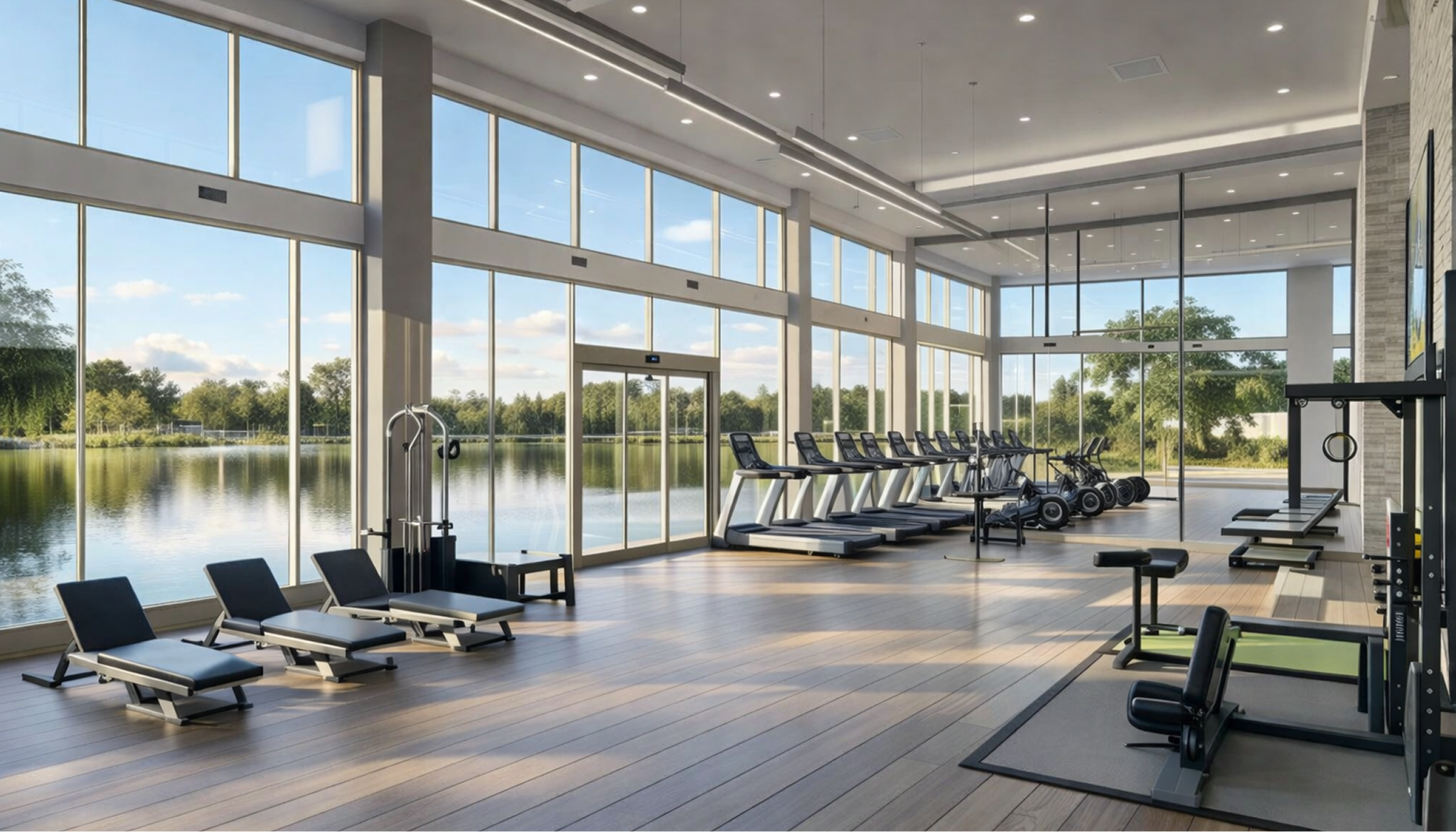 Modern gym with large floor-to-ceiling windows facing a lake, featuring treadmills, stationary bikes, weight benches, and exercise machines.