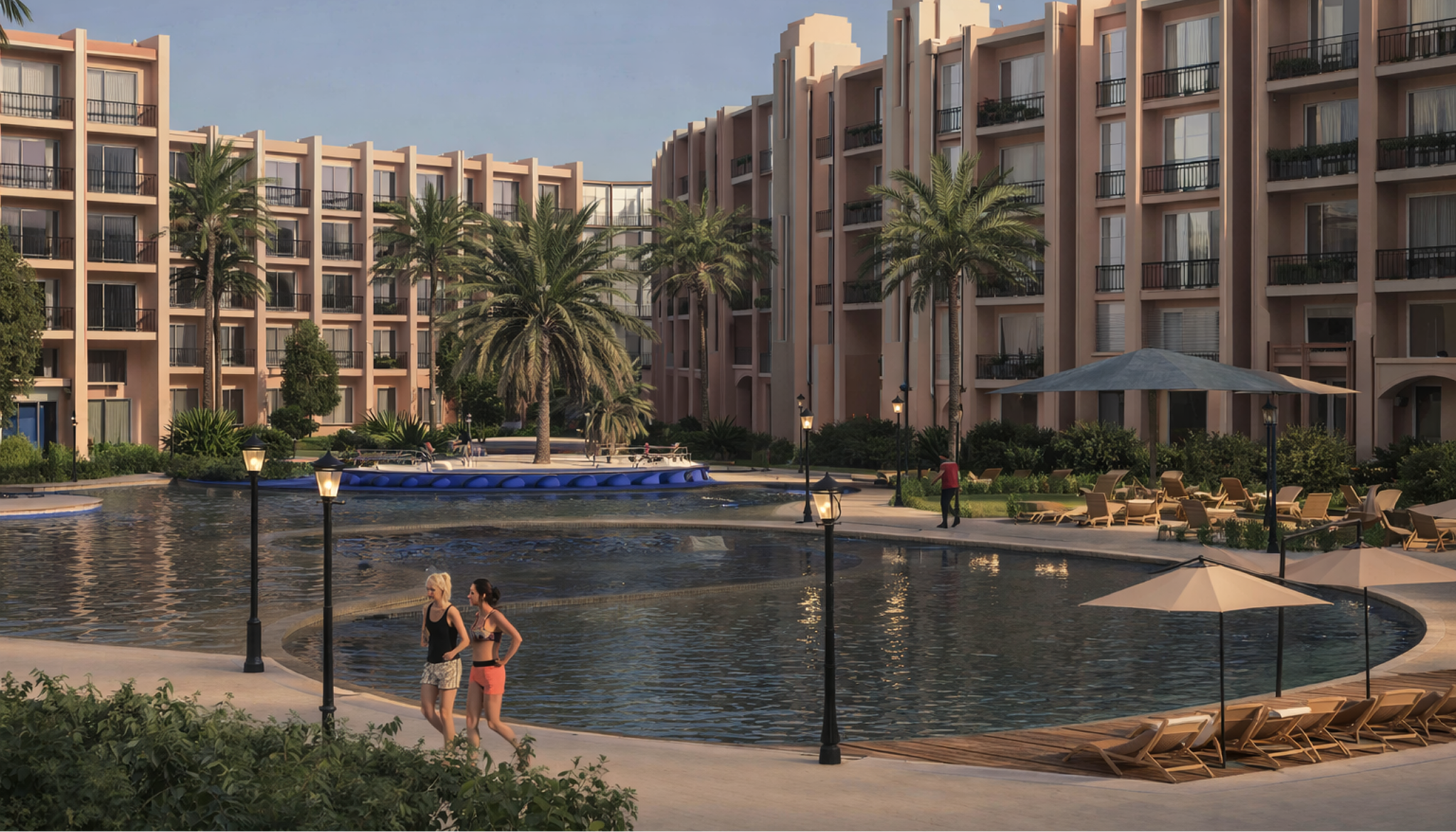 Outdoor swimming pool surrounded by palm trees, lounge chairs with umbrellas, and multi-story beige apartment buildings.