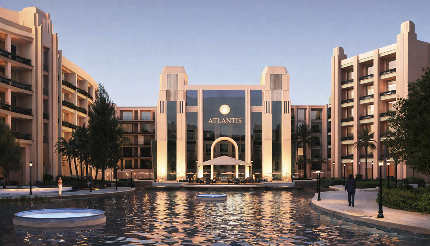 View of Atlantis resort entrance with illuminated beige buildings, palm trees, and a reflecting pool in the foreground at dusk.