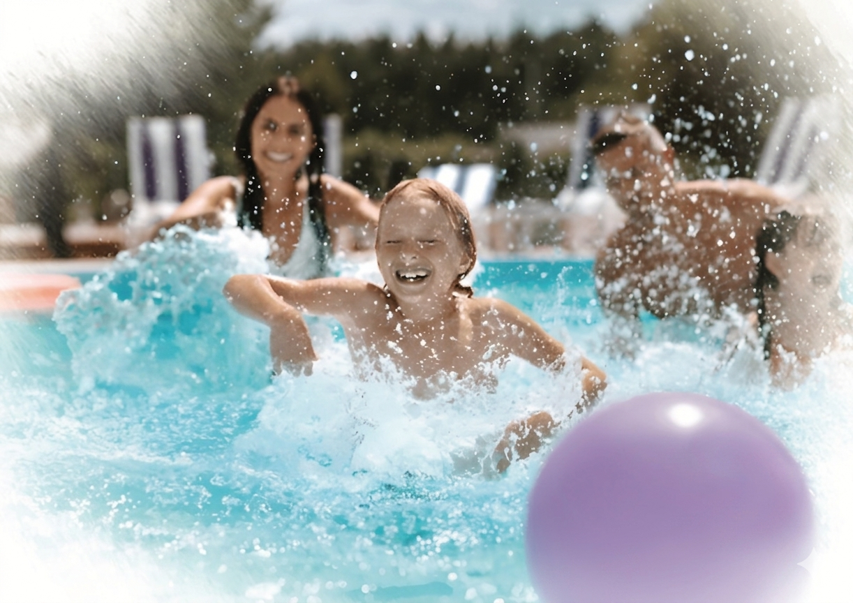 Smiling child splashing in a pool with three adults and a purple ball in the water.