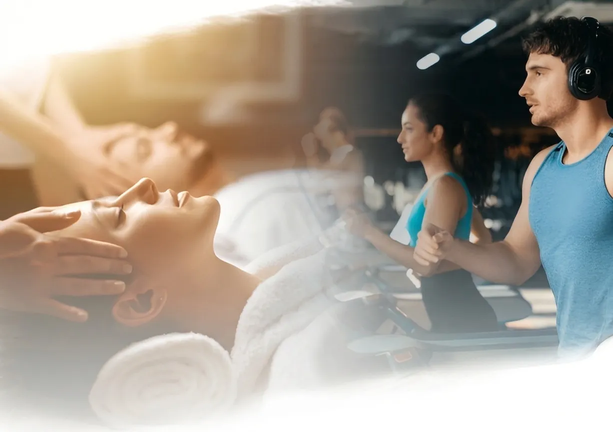 A serene scene of a woman receiving a facial massage on the left and a man and woman jogging on treadmills in a gym on the right.