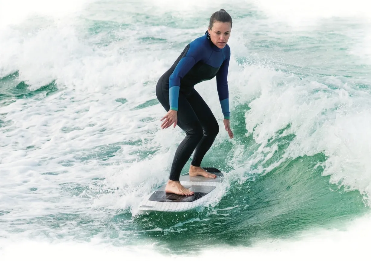 Woman in a blue and black wetsuit surfing on a wave in the ocean.