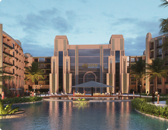 Modern hotel named Atlantis with pool, lounge chairs, palm trees, and people at sunset.