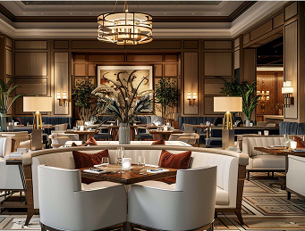 Elegant restaurant interior with round white booths, wooden tables, plants, and warm lighting fixtures.