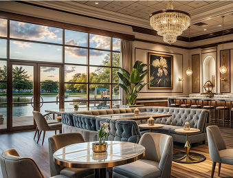 Elegant lounge with tufted sofas, round tables, large windows overlooking a waterfront at sunset.