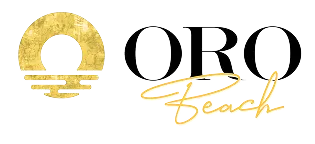 Gold circle and waves icon with the text ORO Beach in black and gold script.