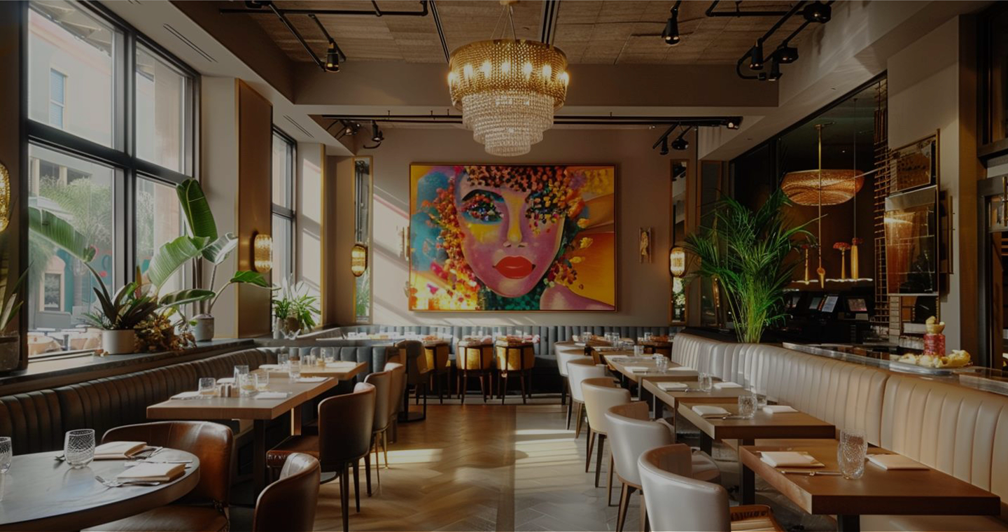 Modern restaurant interior with wood tables, cushioned chairs, large colorful face painting, and plants by windows.