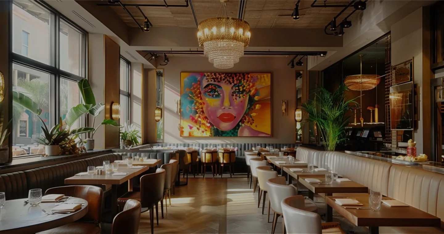 Modern restaurant interior with wood tables, cushioned chairs, large colorful face painting, and plants by windows.