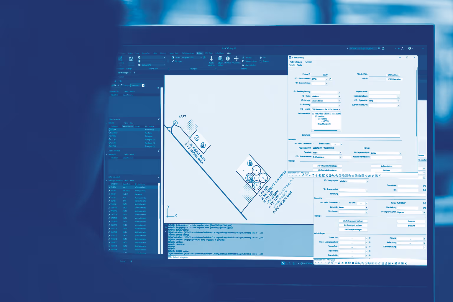 Computerbildschirm zeigt AutoCAD Map 3D-Software mit technischen Zeichnungen und Fenstern für die Attributbearbeitung.