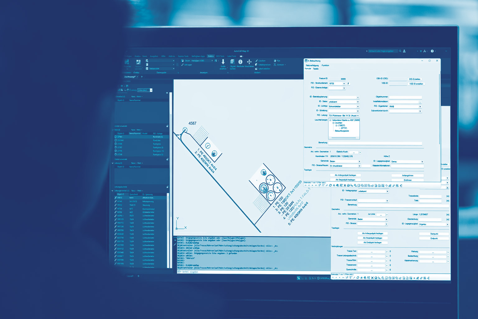 Computerbildschirm zeigt AutoCAD Map 3D-Software mit technischen Zeichnungen und Fenstern für die Attributbearbeitung.