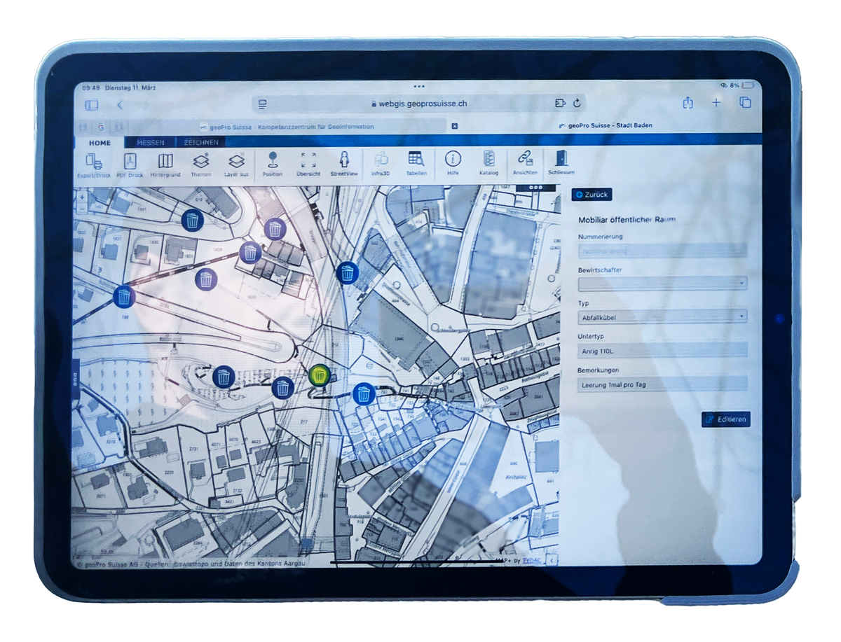 Tablet screen displaying a detailed map interface from webgis.geoprosuisse.ch with icons for public waste bins and a form for editing bin details.