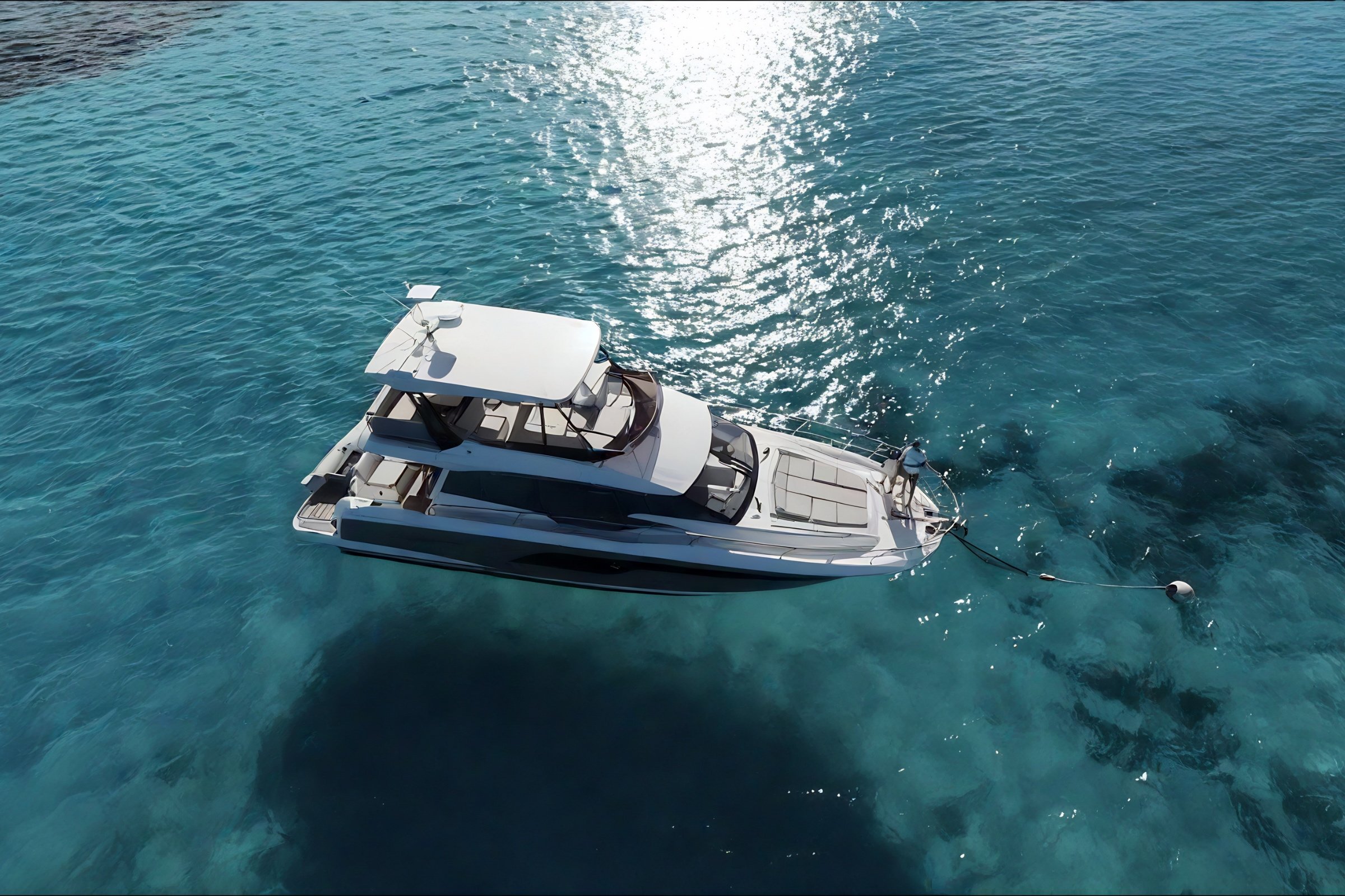 SEVEN luxury motor yacht on open water aerial view