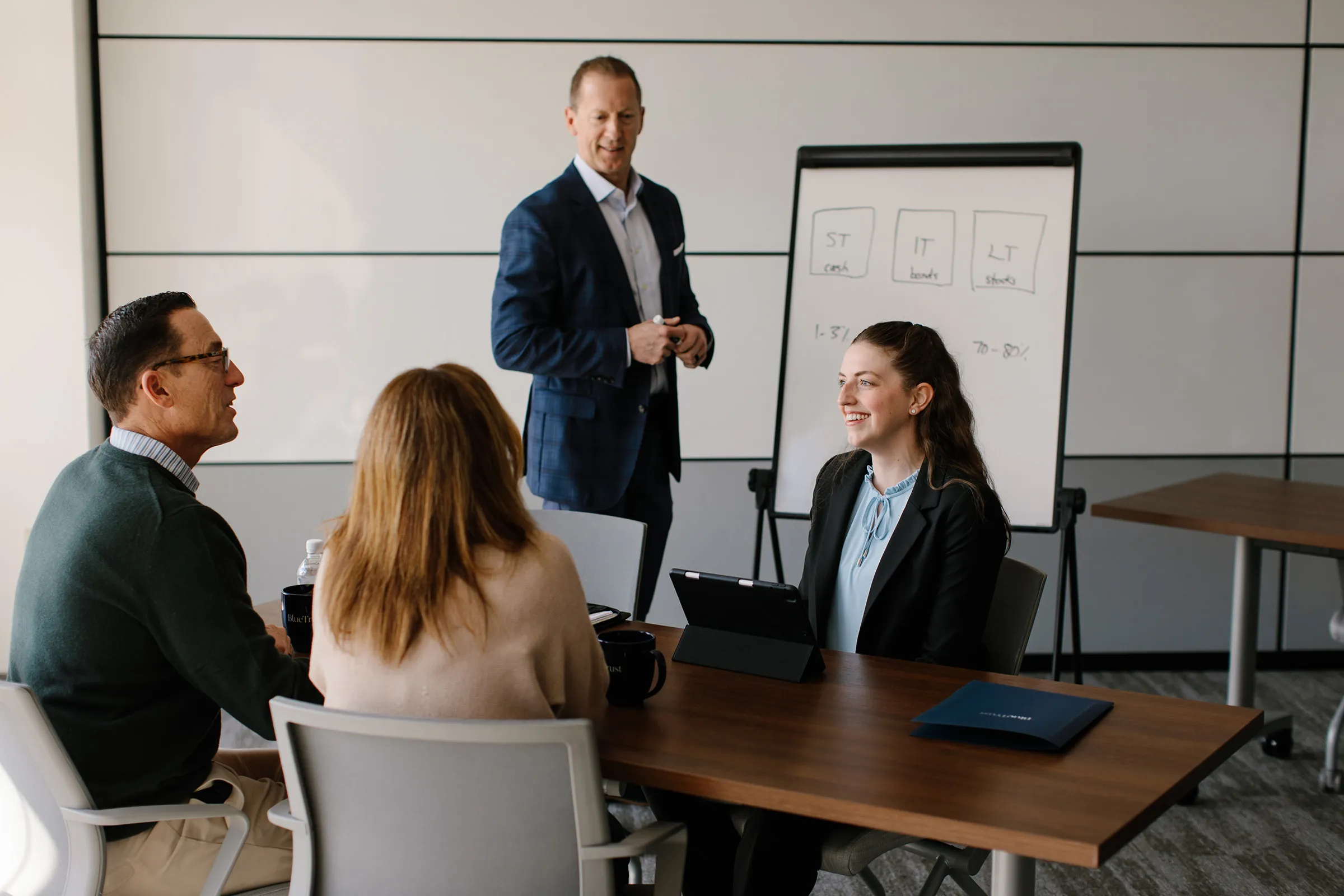 Business meeting with a man in a suit standing by a flip chart and three colleagues seated around a table, engaged in discussion.