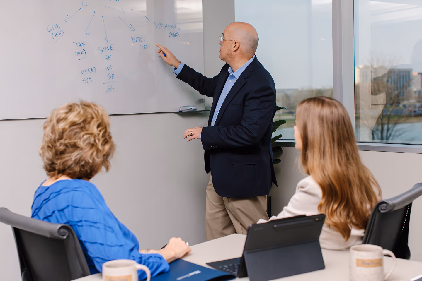 Bald man in navy blazer explaining financial chart on whiteboard to two seated women in office meeting room with large window.