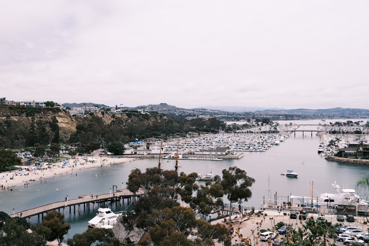 Dana Point Harbor and coastal cliffs overlooking the Pacific Ocean in South Orange County