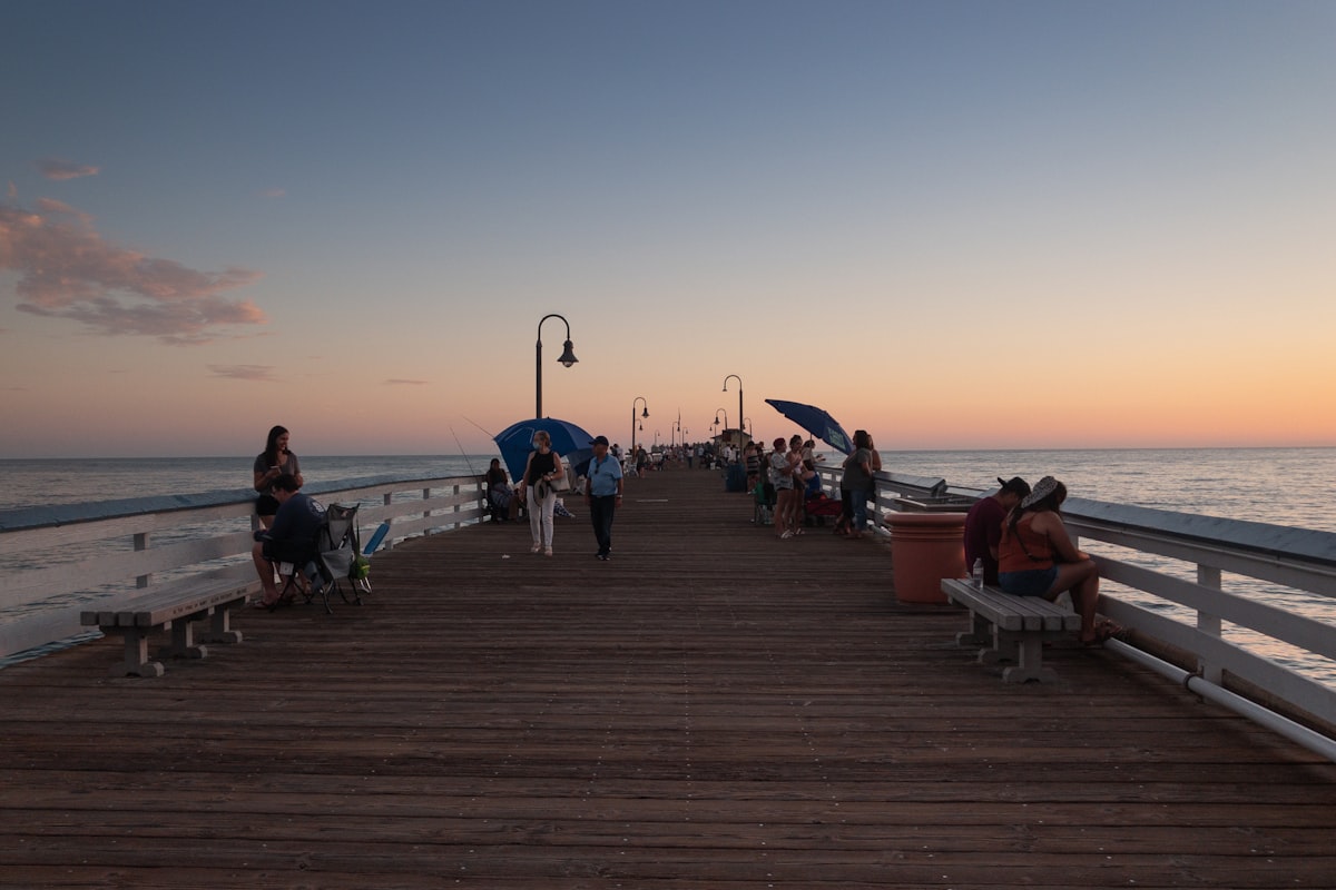 San Clemente pier and coastal Spanish village architecture in South Orange County