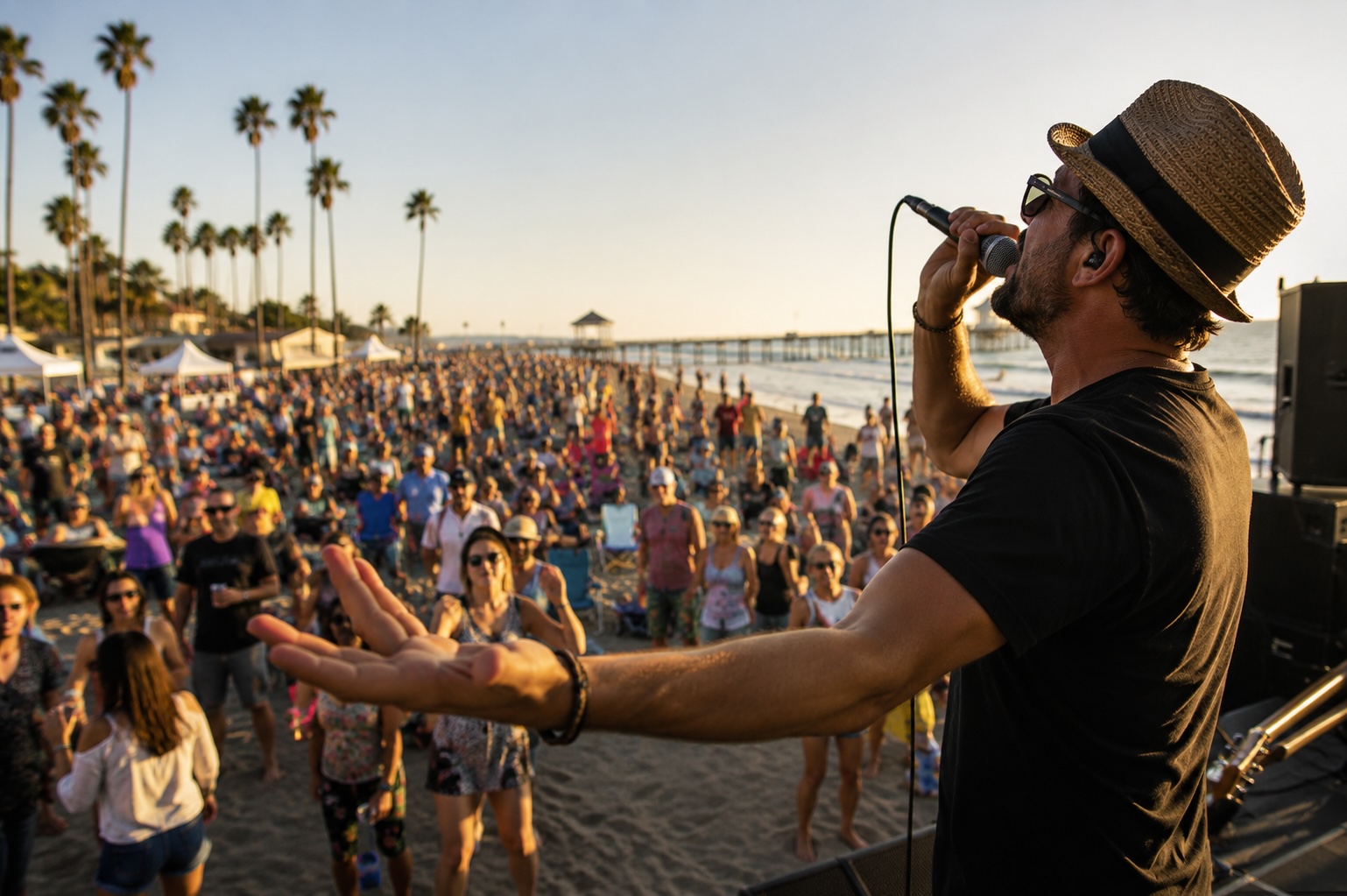 Beachfront evening gathering with live music at Surf City Nights on Huntington Beach Pier