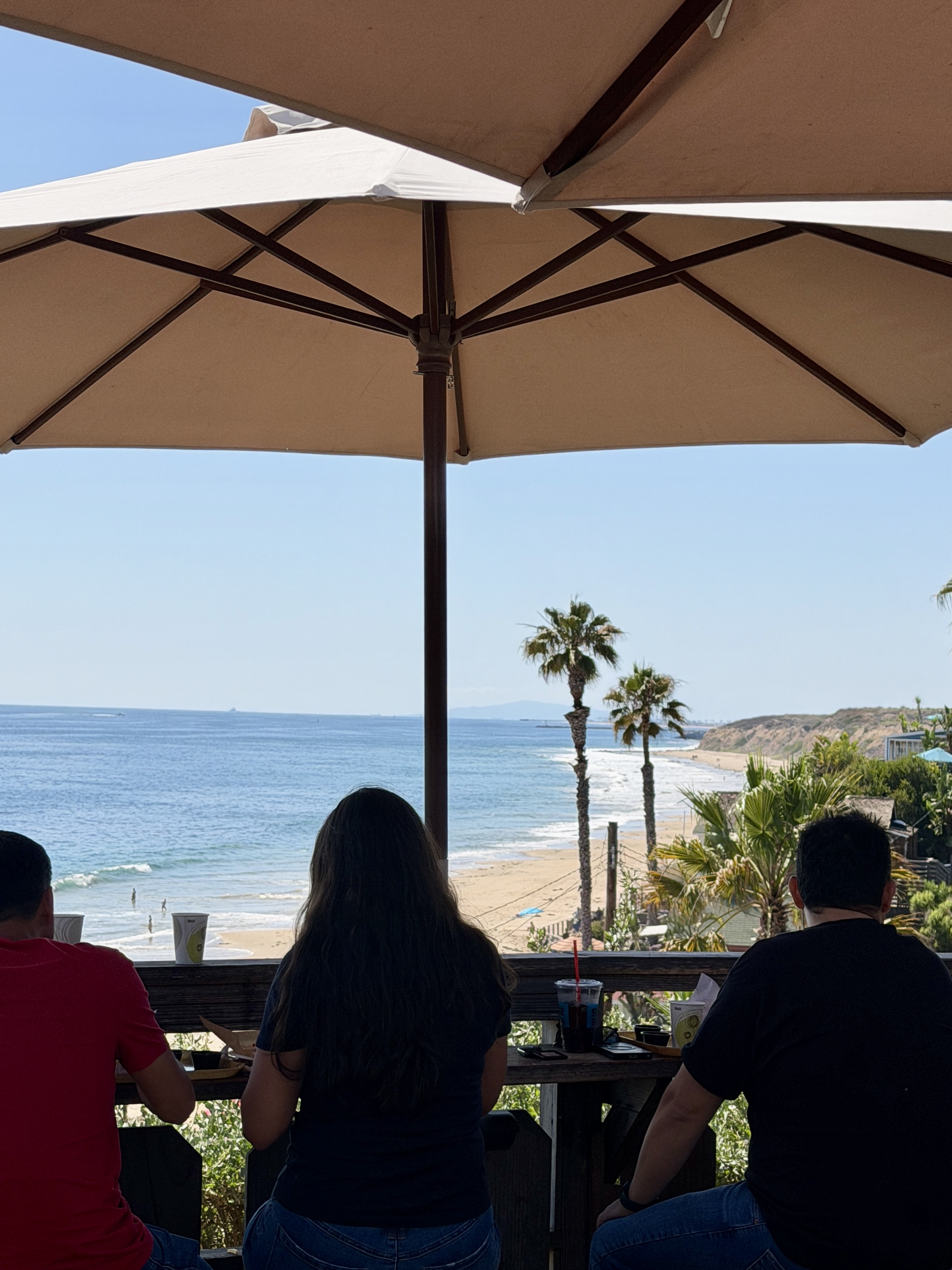 Ocean view from the Crystal Cove Shake Shack patio — Pacific Ocean, sand, palm trees, and Crystal Cove coastline framed by patio umbrella with diners at the railing