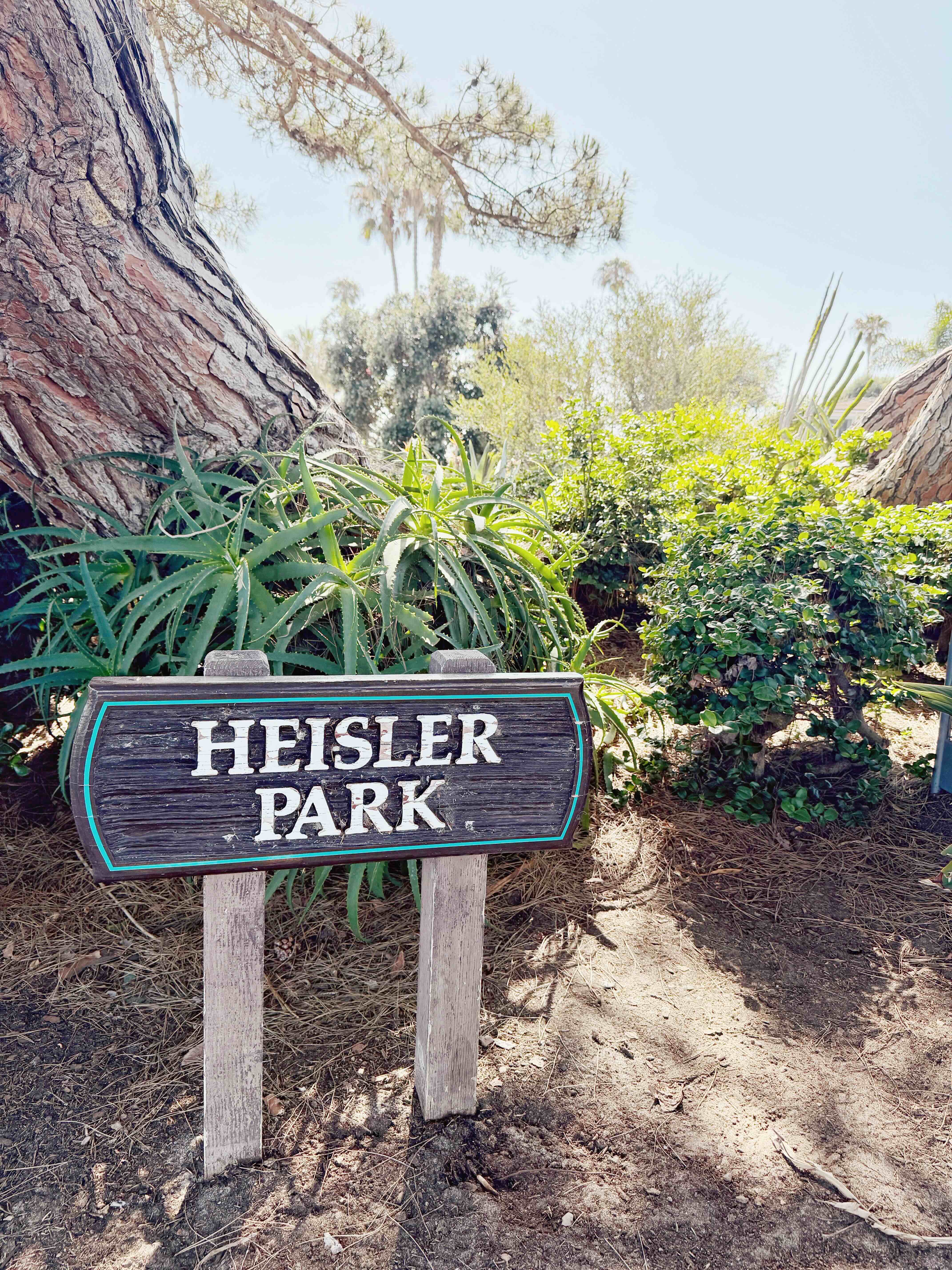 Wooden 'HEISLER PARK' sign in Laguna Beach, set among aloe succulents and pine trees on a sunny day