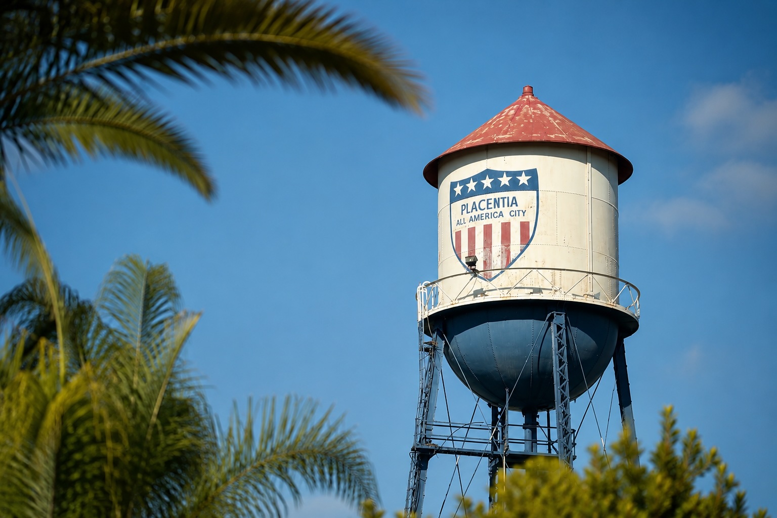 The Placentia water tower — cream cylindrical tank with red conical roof, painted with the city's red, white, and blue 'Placentia All America City' shield, set against a clear blue sky with palm fronds framing the left of the image