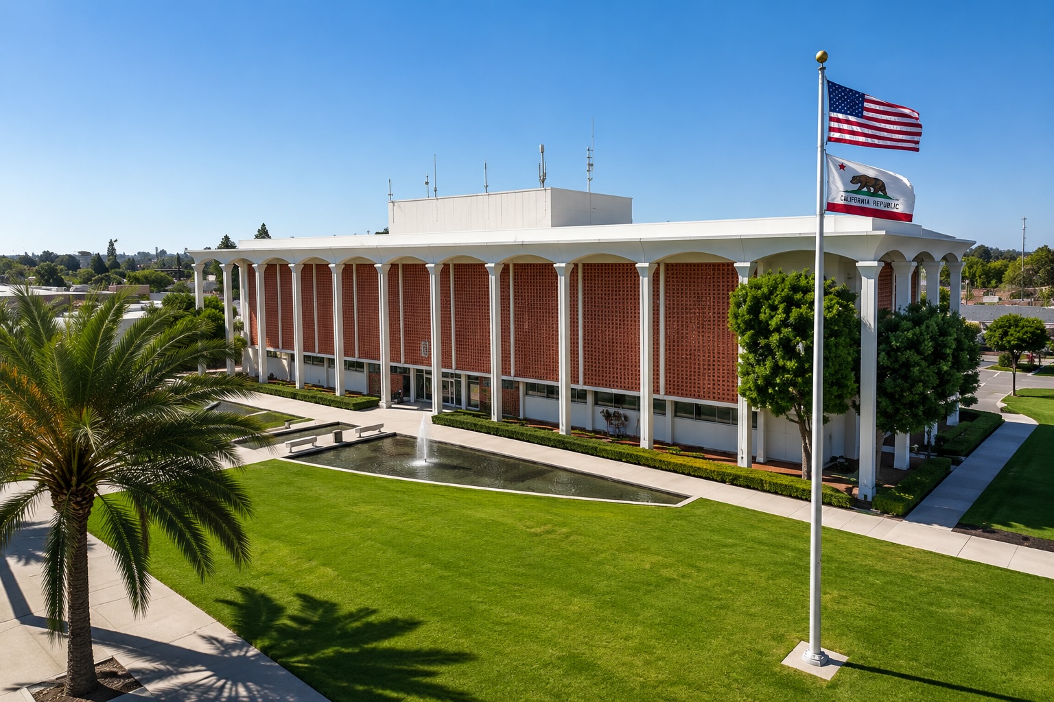 Fullerton City Hall — mid-century civic building with white colonnade and red brick infill, reflecting pool with a central fountain jet in front, American and California state flags on a tall pole, palm tree at left, clear blue sky