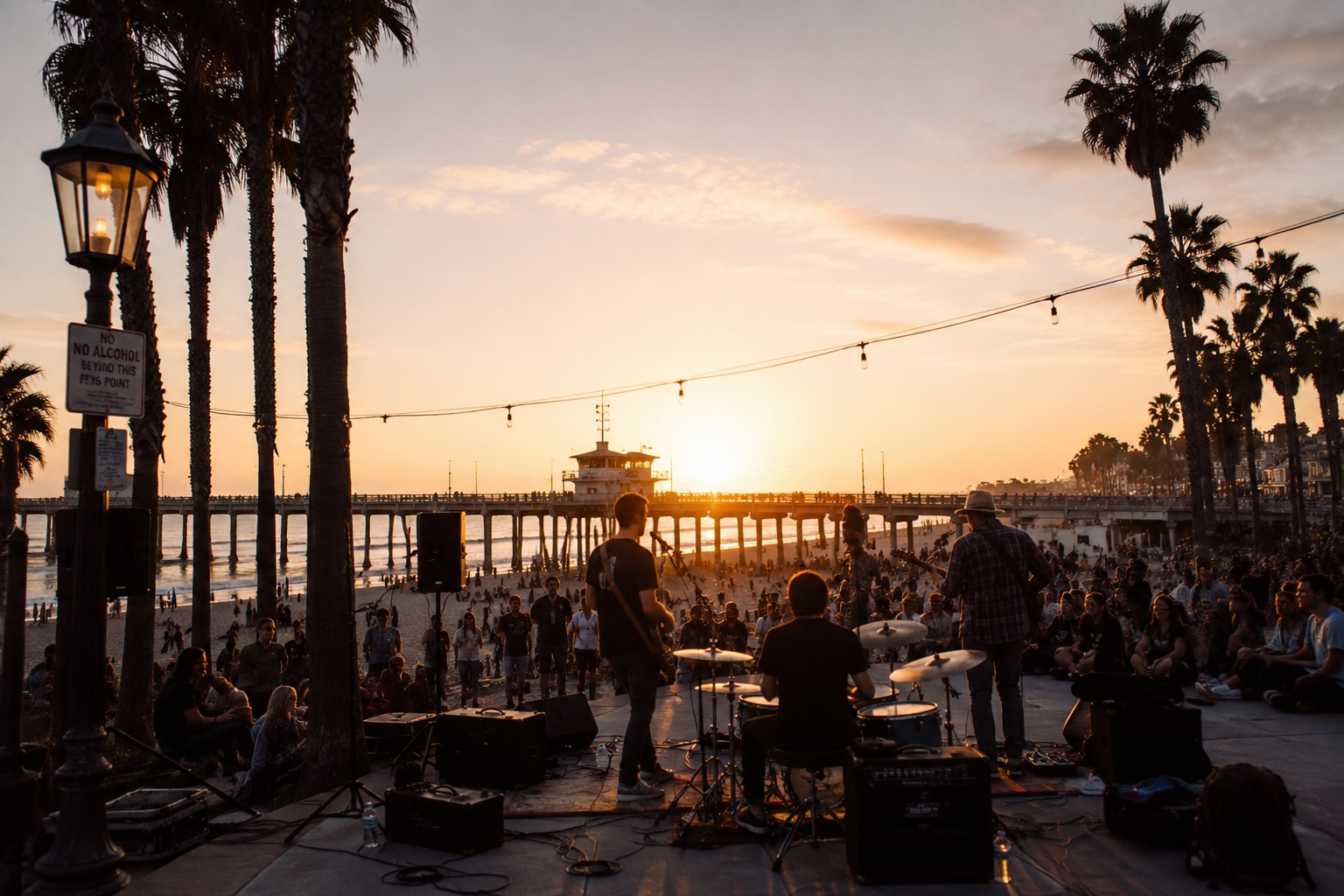Behind-stage view at the San Clemente Fiesta Music Festival — silhouetted band performing as the sun sets over San Clemente Pier, framed by tall palm trees with string lights overhead, large crowd seated on the sand and along the pier walk