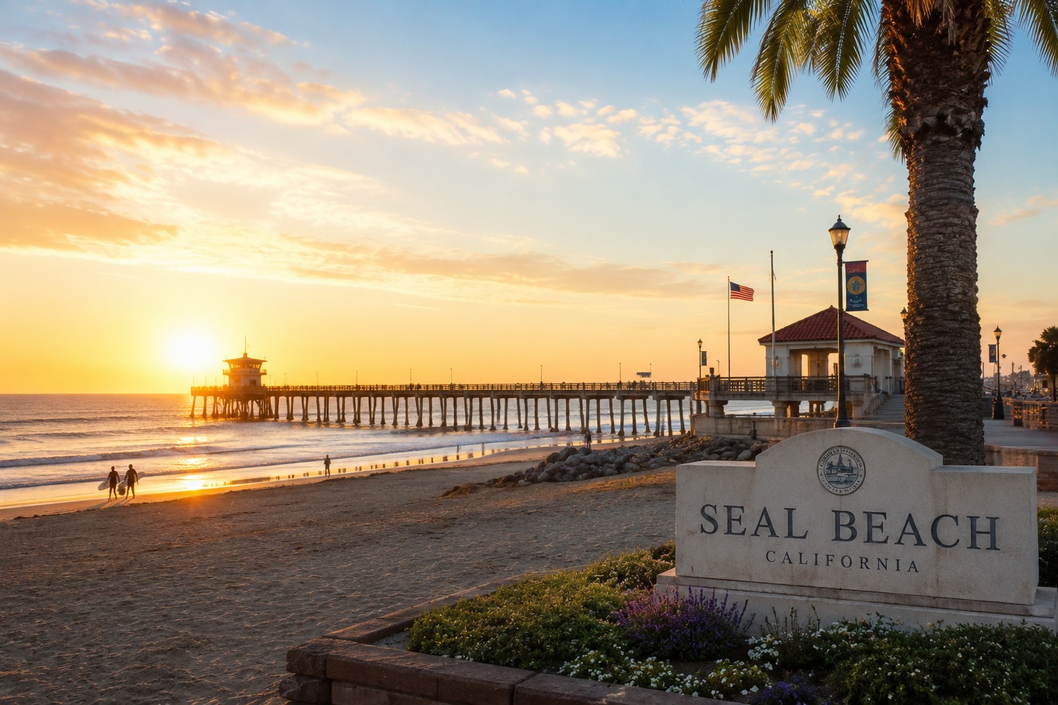 Seal Beach, California at golden hour. Civic monument sign in the foreground with stone planters and lavender, the pier silhouetted against the setting sun, palm tree at right, American flag, banners on a lamppost, and beachgoers along the sand.