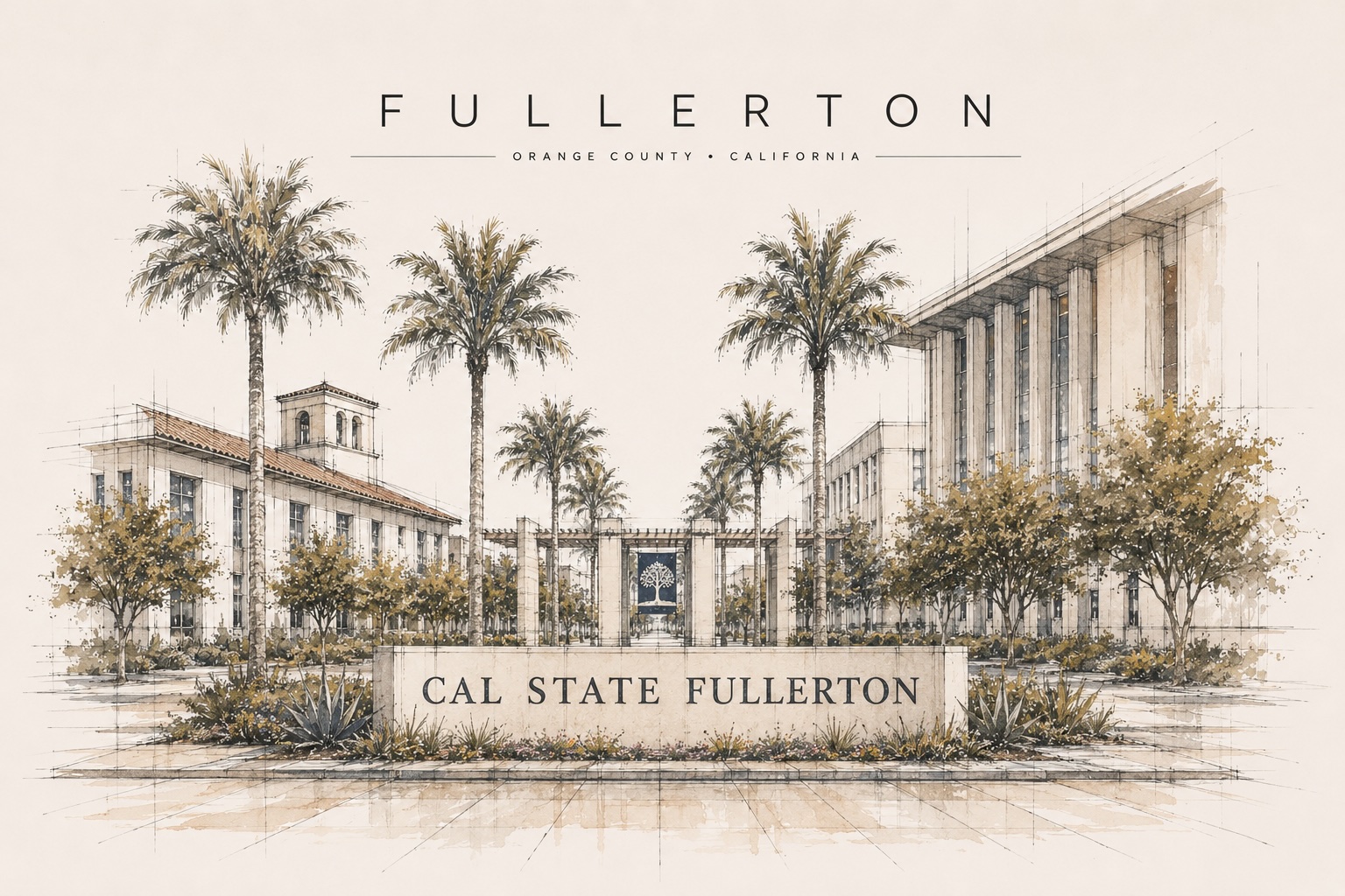 Fullerton, Orange County: architectural sketch illustration with 'FULLERTON / ORANGE COUNTY • CALIFORNIA' wordmark, palm colonnade, 'CAL STATE FULLERTON' signage on the entrance wall, and CSUF campus buildings flanking the central walkway.