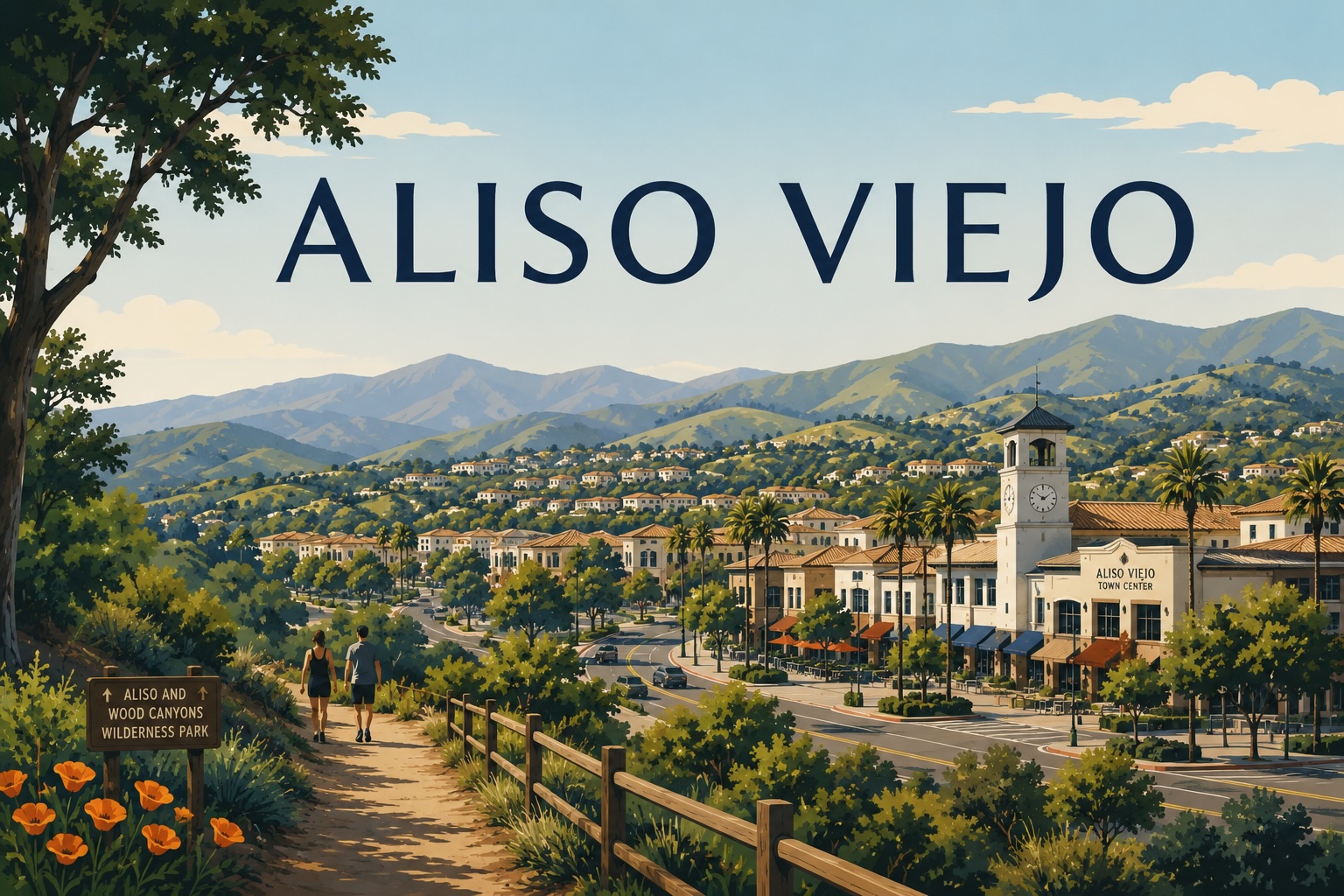Aliso Viejo, OC: illustrated cityscape with 'ALISO VIEJO' wordmark over green hills, Aliso Viejo Town Center clock tower at right, Aliso and Wood Canyons Wilderness Park trail sign and hikers at left, California poppies in the foreground.