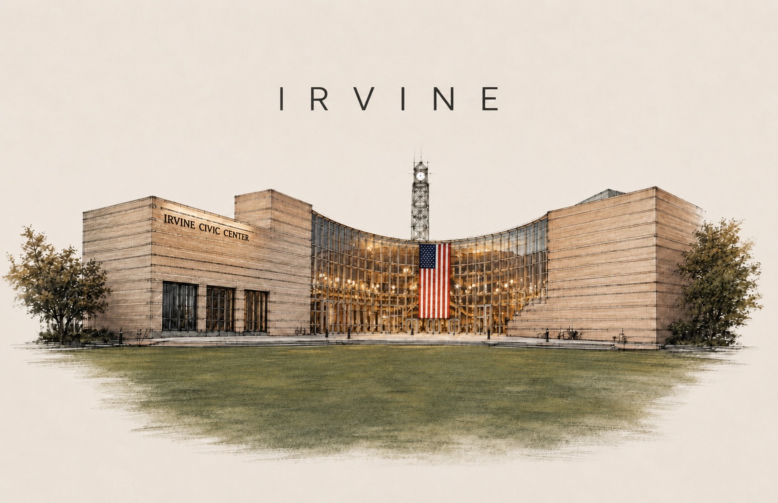 Irvine, Orange County: illustrated cityscape with 'IRVINE' wordmark, Irvine Civic Center and Great Park landmarks, palm trees and tree-lined boulevards representing the master-planned community.