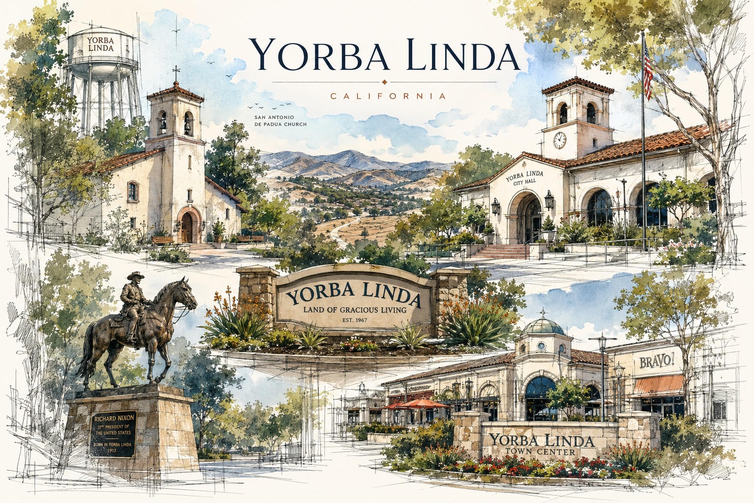 Yorba Linda, Orange County. Illustrated cityscape with 'YORBA LINDA' wordmark over rolling hillside terrain, the Richard Nixon Presidential Library and Museum, equestrian trails, and Chino Hills open space in the background.