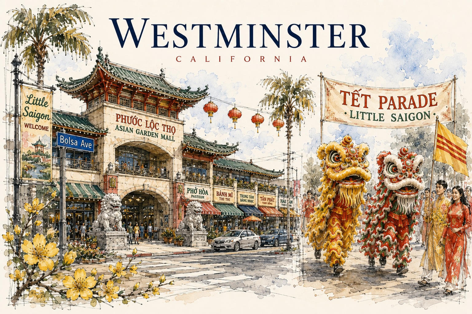 Westminster, OC. Illustrated Phước Lộc Thọ / Asian Garden Mall on Bolsa Avenue with Vietnamese storefronts and hoa mai blossoms, and a Little Saigon Tết Parade with áo dài, lion dance, and the South Vietnamese flag.