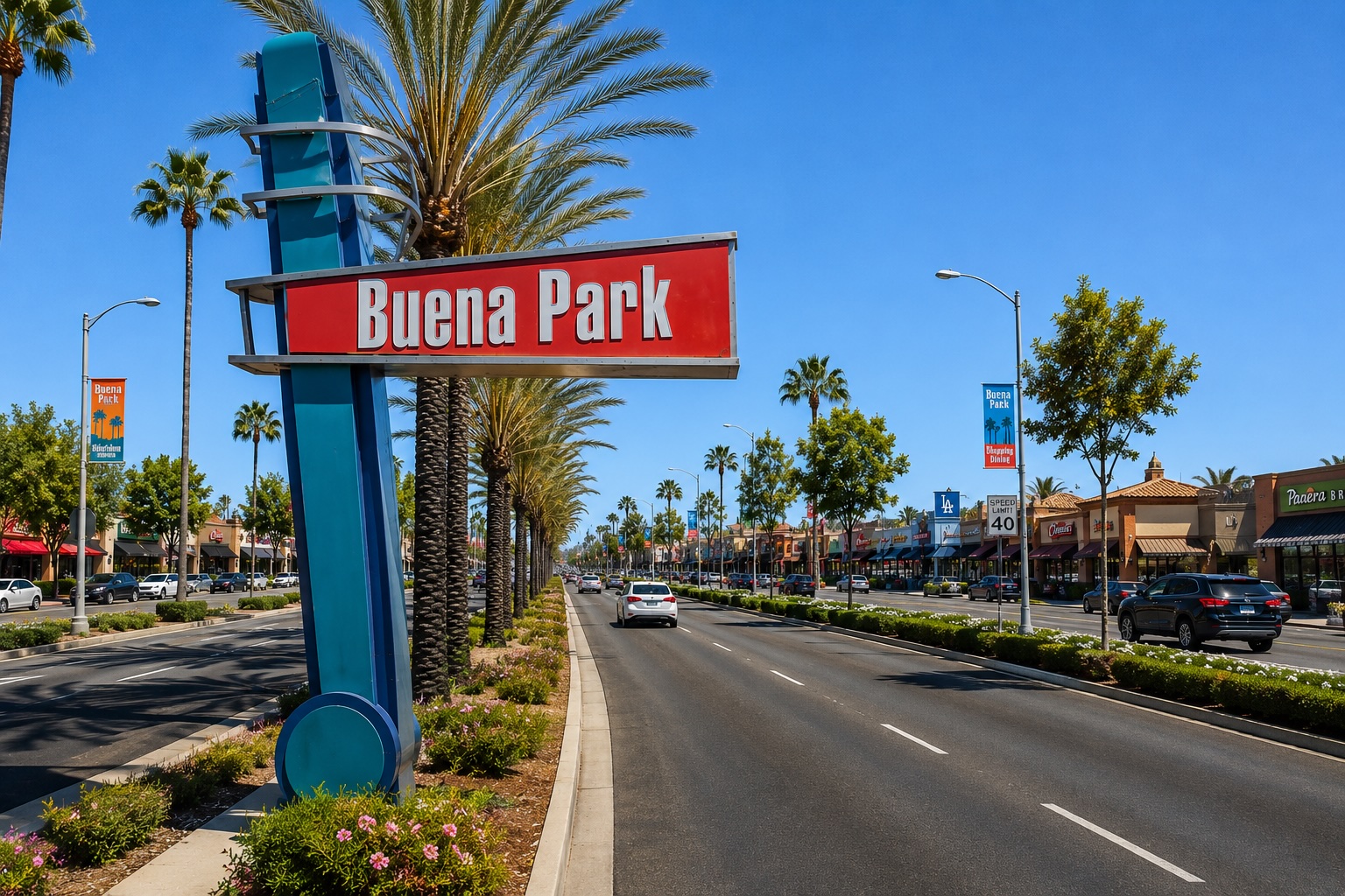 Buena Park, OC: modernist 'Buena Park' entry sign along a divided palm-lined boulevard in the Buena Park Downtown / Beach Boulevard commercial corridor, with shopping plaza storefronts and city banners flanking the median.