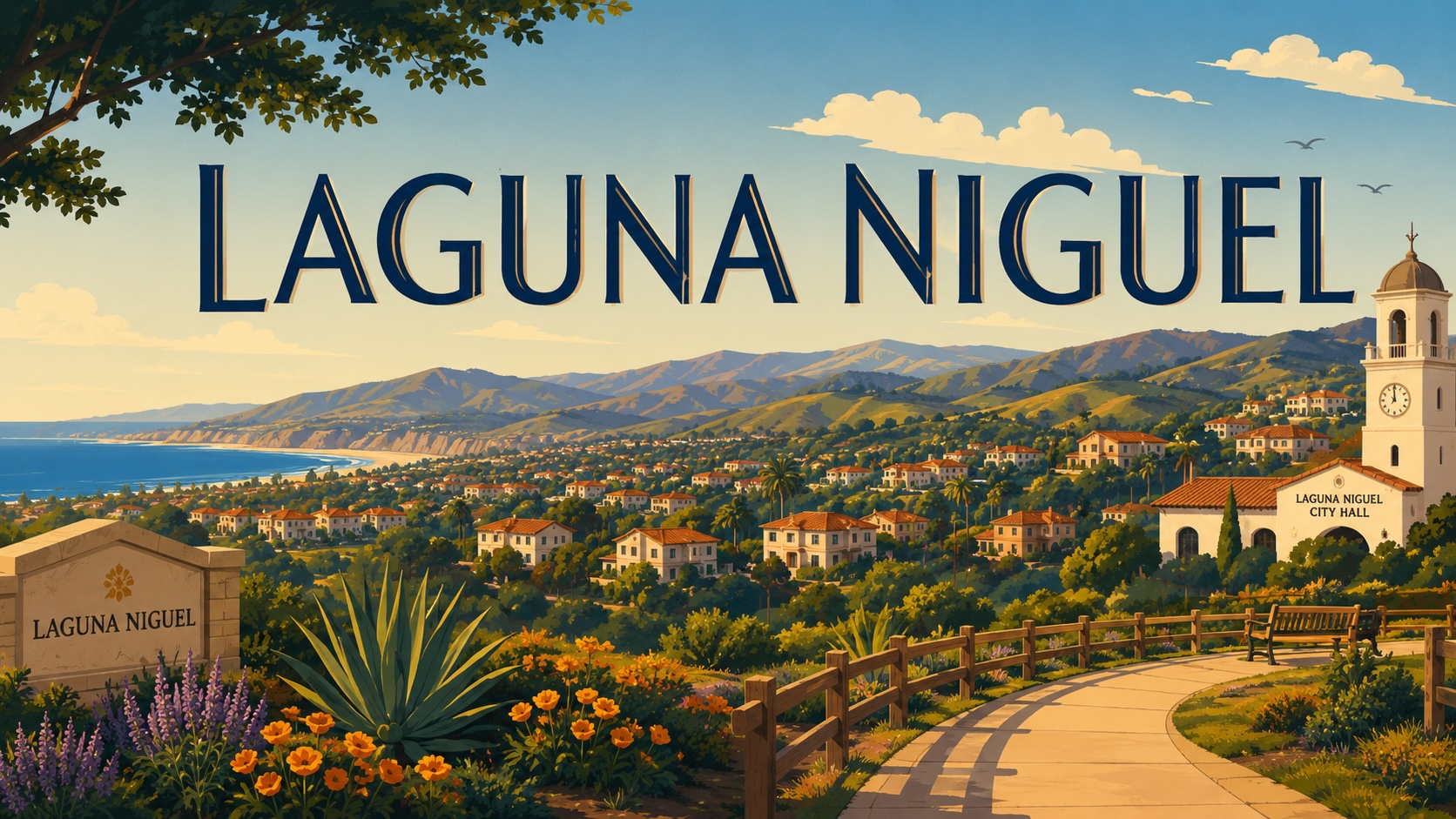 Laguna Niguel, OC: illustrated cityscape with 'LAGUNA NIGUEL' wordmark, an entry monument sign, hillside Mediterranean homes, Pacific coastline at left, and a Spanish-style civic bell-tower at right.