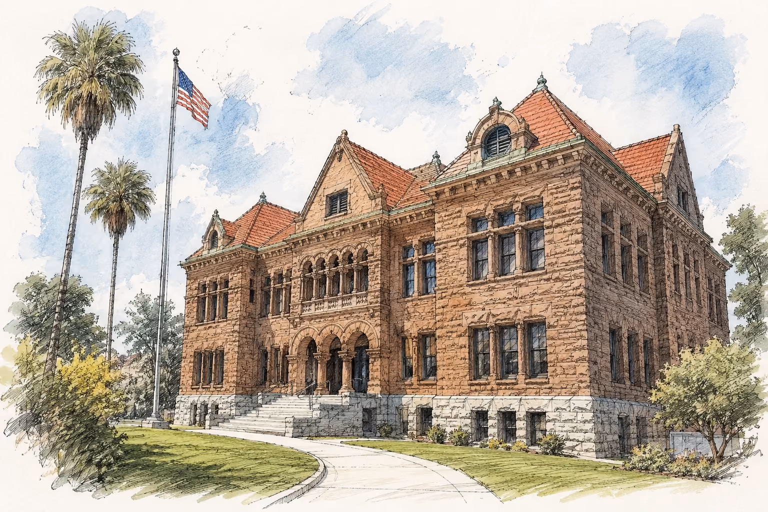 Old Orange County Courthouse in Santa Ana, watercolor illustration of the 1901 red sandstone Richardsonian Romanesque civic building with American flag and palm trees in downtown Santa Ana