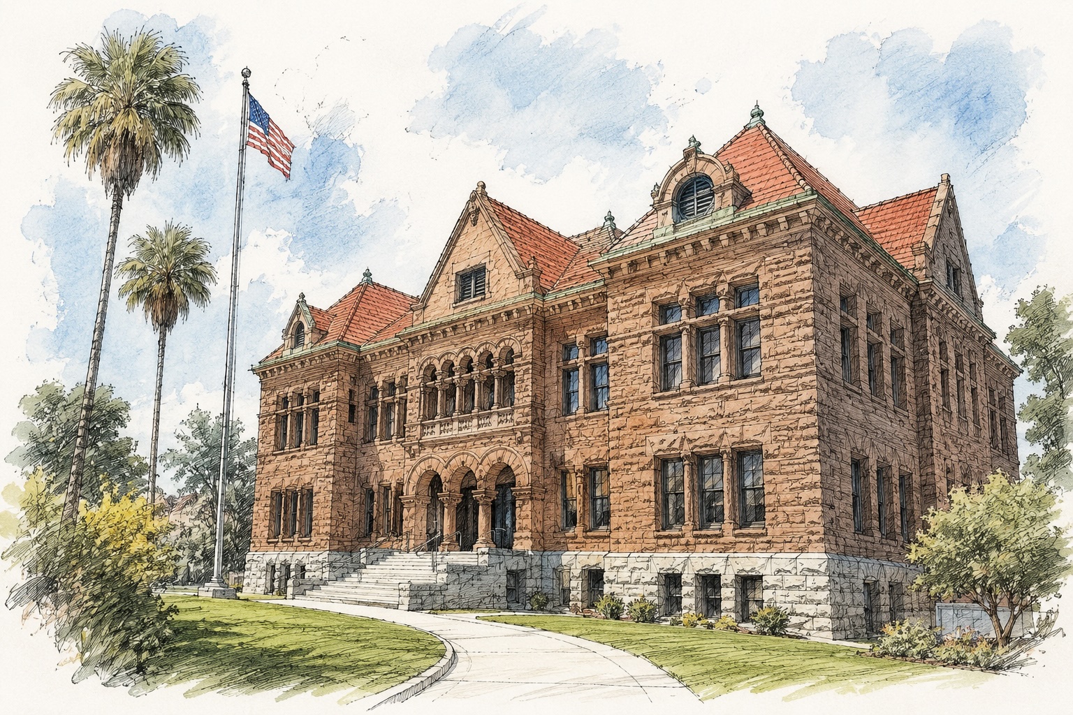 Old Orange County Courthouse in Santa Ana, watercolor illustration of the 1901 red sandstone Richardsonian Romanesque civic building with American flag and palm trees in downtown Santa Ana