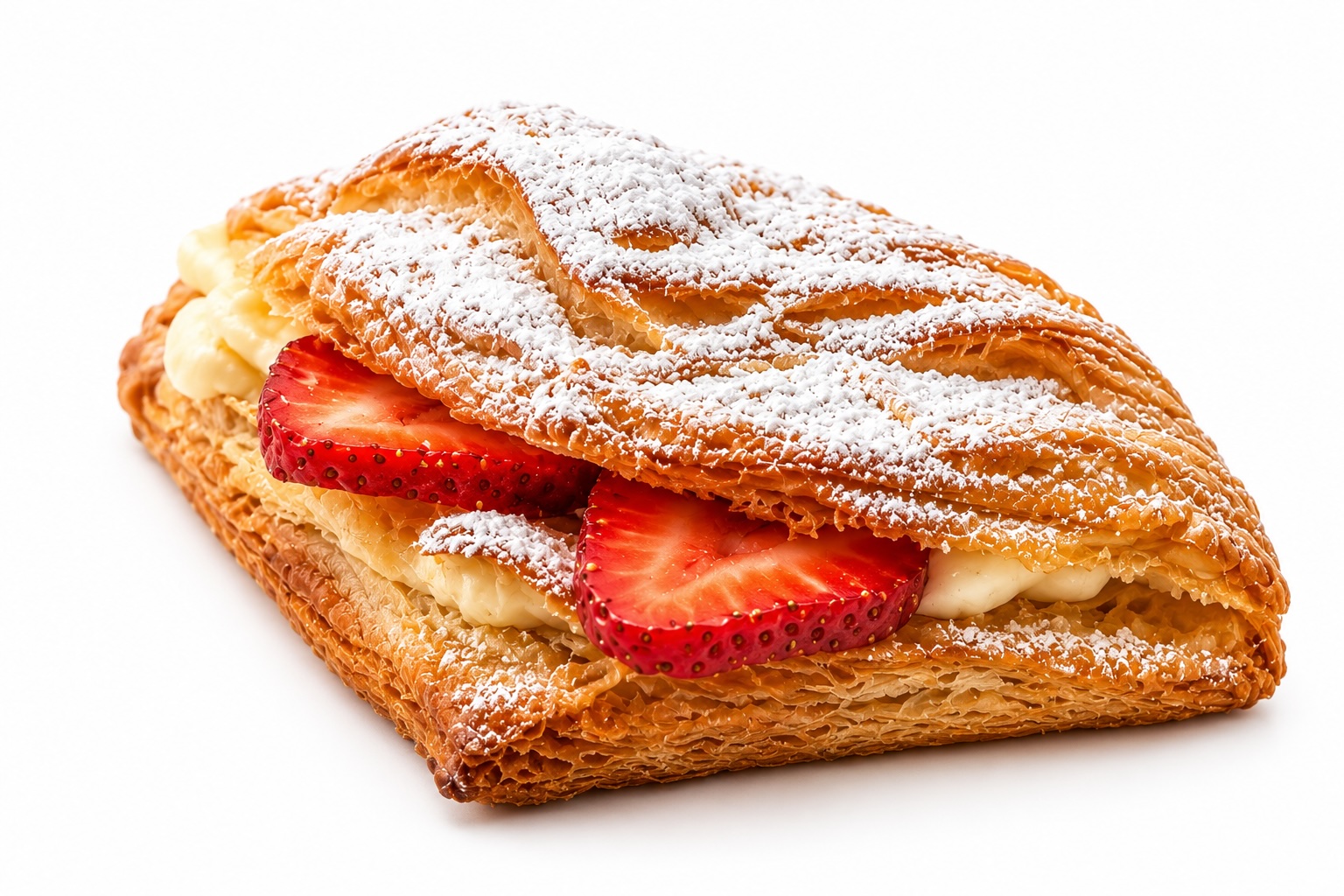 AI illustration of Cream Pan's signature strawberry croissant. Golden flaky puff pastry filled with vanilla cream and sliced fresh strawberries, dusted with powdered sugar, on a clean white background.