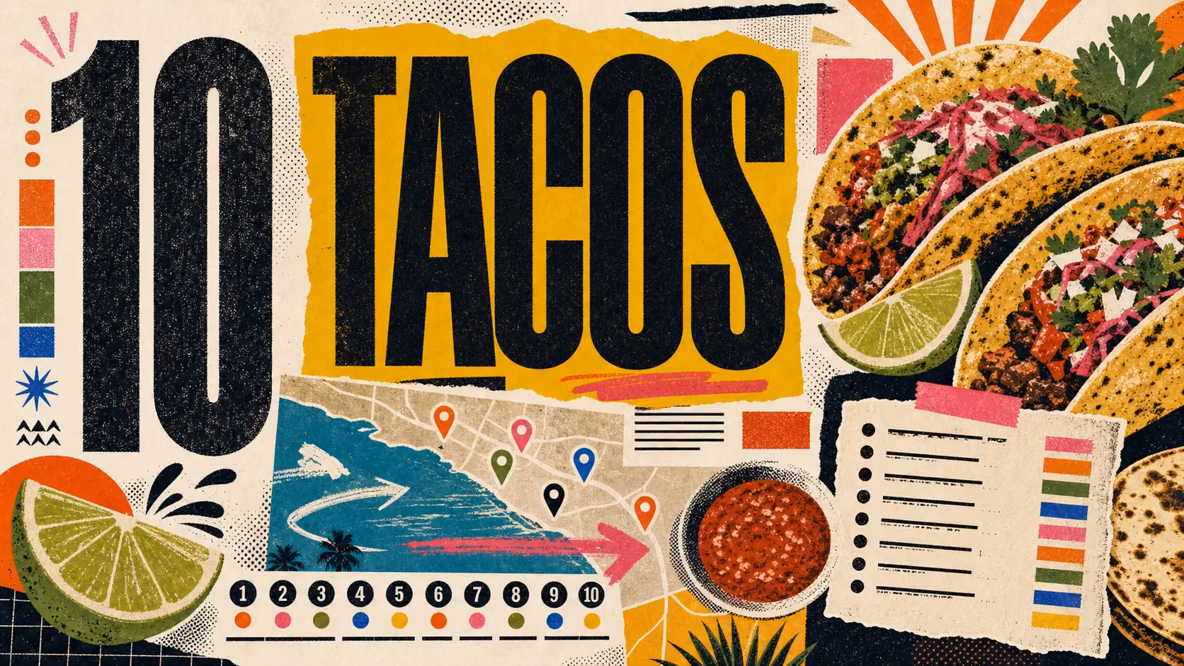 Editorial illustration of Orange County's top taco spots, with tacos al pastor, salsa, and a taqueria storefront.