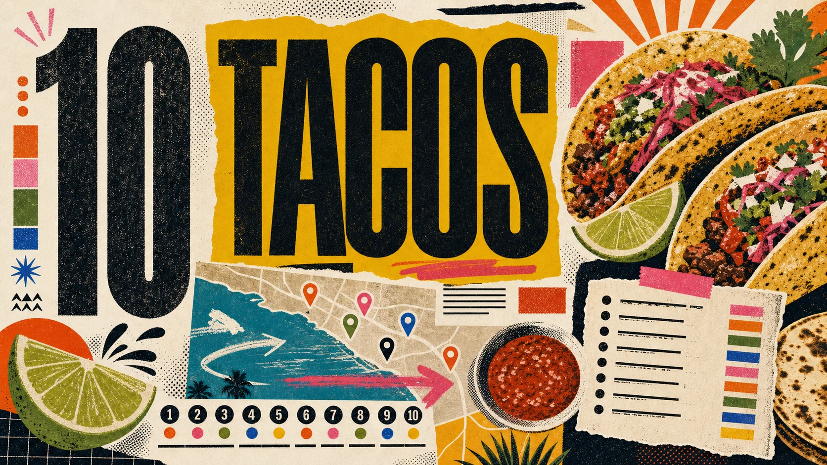 Editorial illustration of Orange County's top taco spots, with tacos al pastor, salsa, and a taqueria storefront.