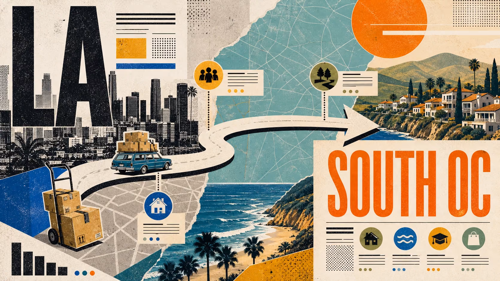Editorial illustration of a moving truck heading south along the 5 freeway from Los Angeles toward South Orange County's coastal hills.