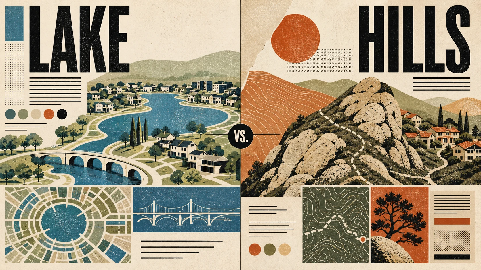 Editorial illustration comparing Irvine's Woodbridge and Turtle Rock neighborhoods, with master-planned homes, lakes, and hillside views.