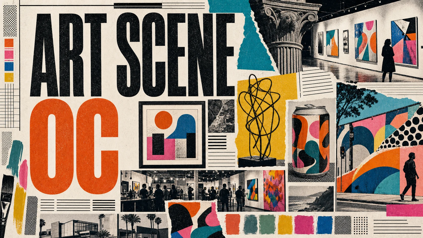 Editorial illustration of Orange County's creative scene with galleries, murals, artist studios, and Laguna's plein-air heritage.