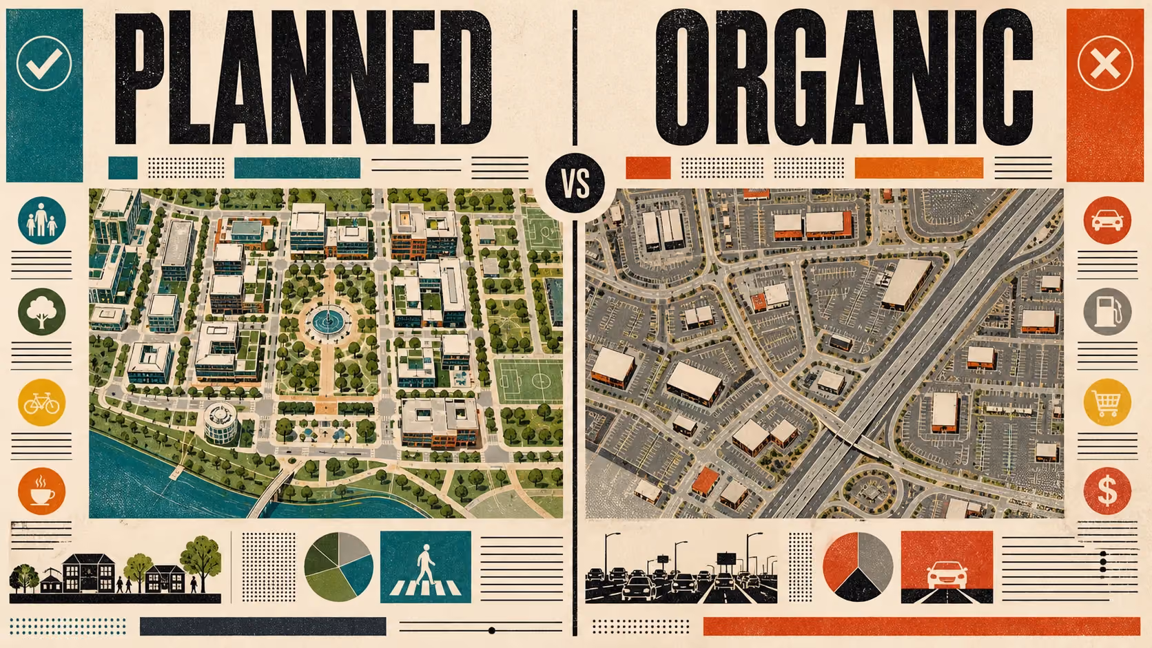 Editorial illustration contrasting South Orange County's master-planned coastal towns with North Orange County's denser urban grid.