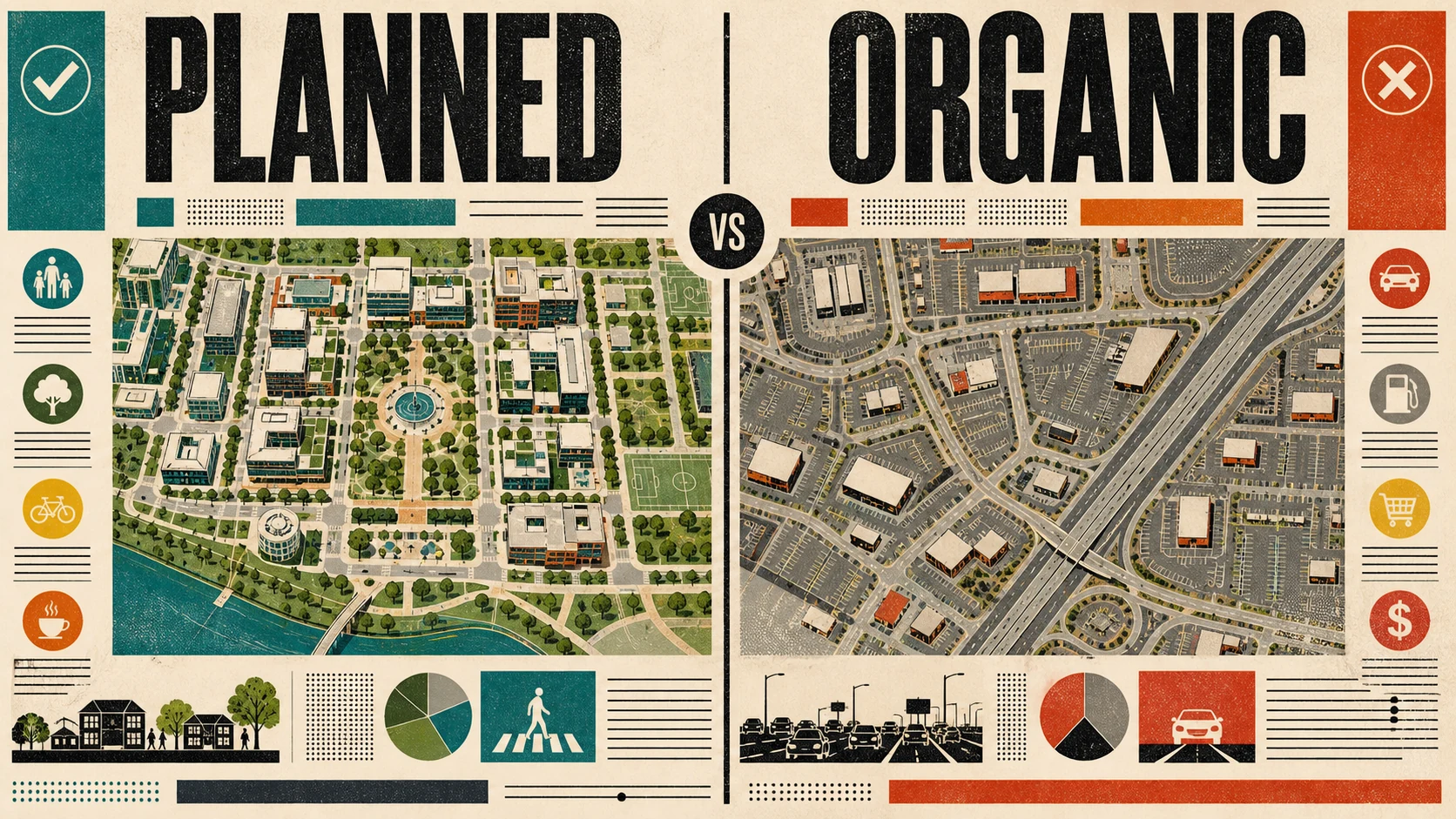 Editorial illustration contrasting South Orange County's master-planned coastal towns with North Orange County's denser urban grid.