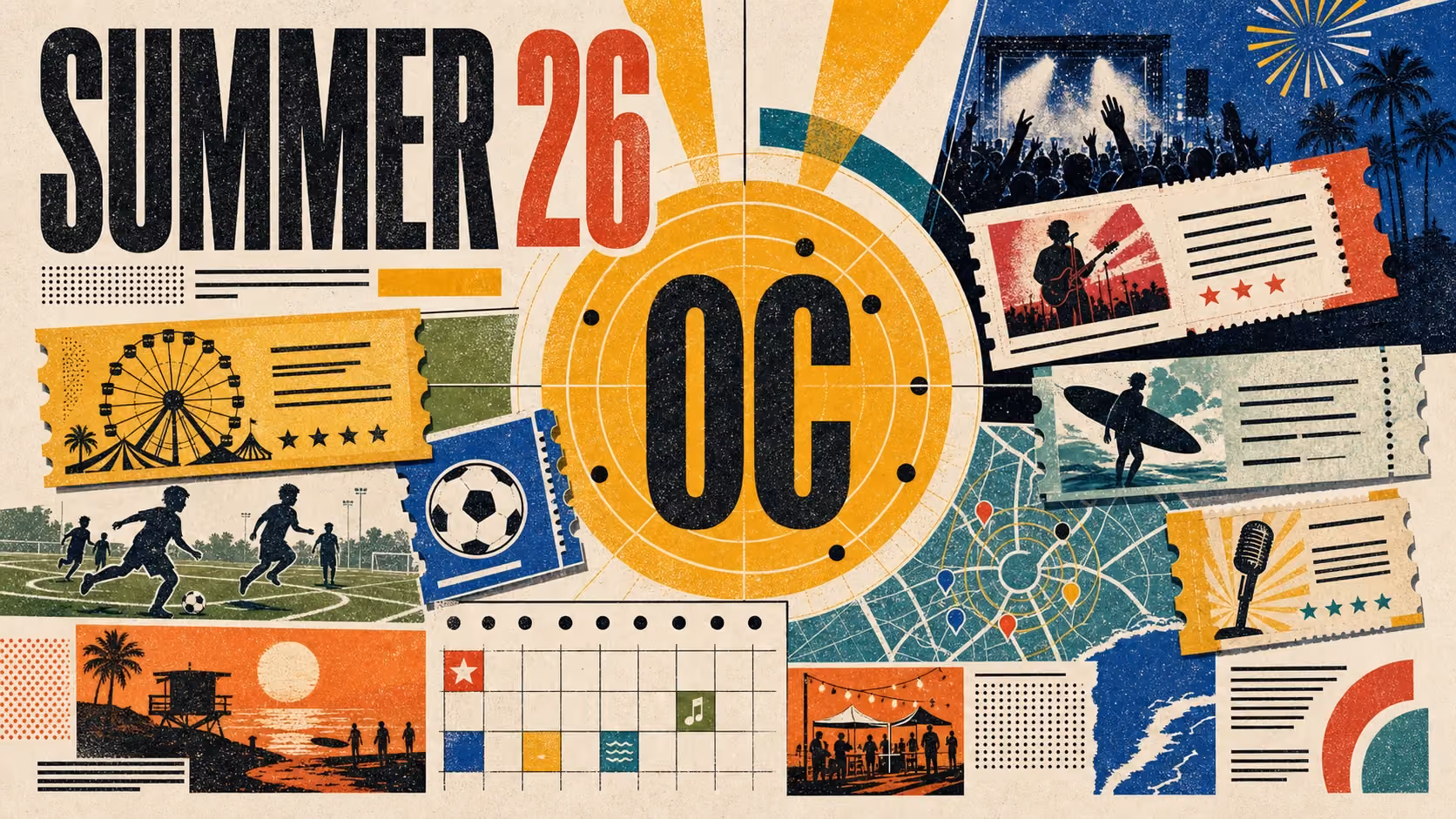 Editorial illustration of summer 2026 events across Orange County, with beach festivals, county fair rides, and outdoor concerts.