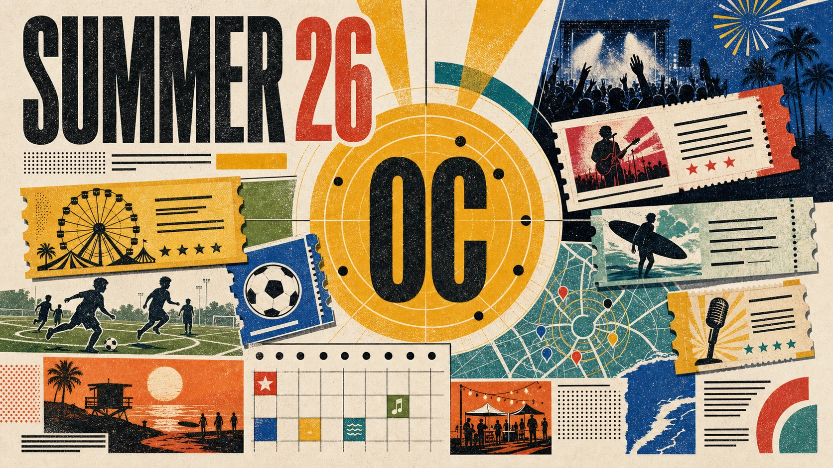 Editorial illustration of summer 2026 events across Orange County, with beach festivals, county fair rides, and outdoor concerts.