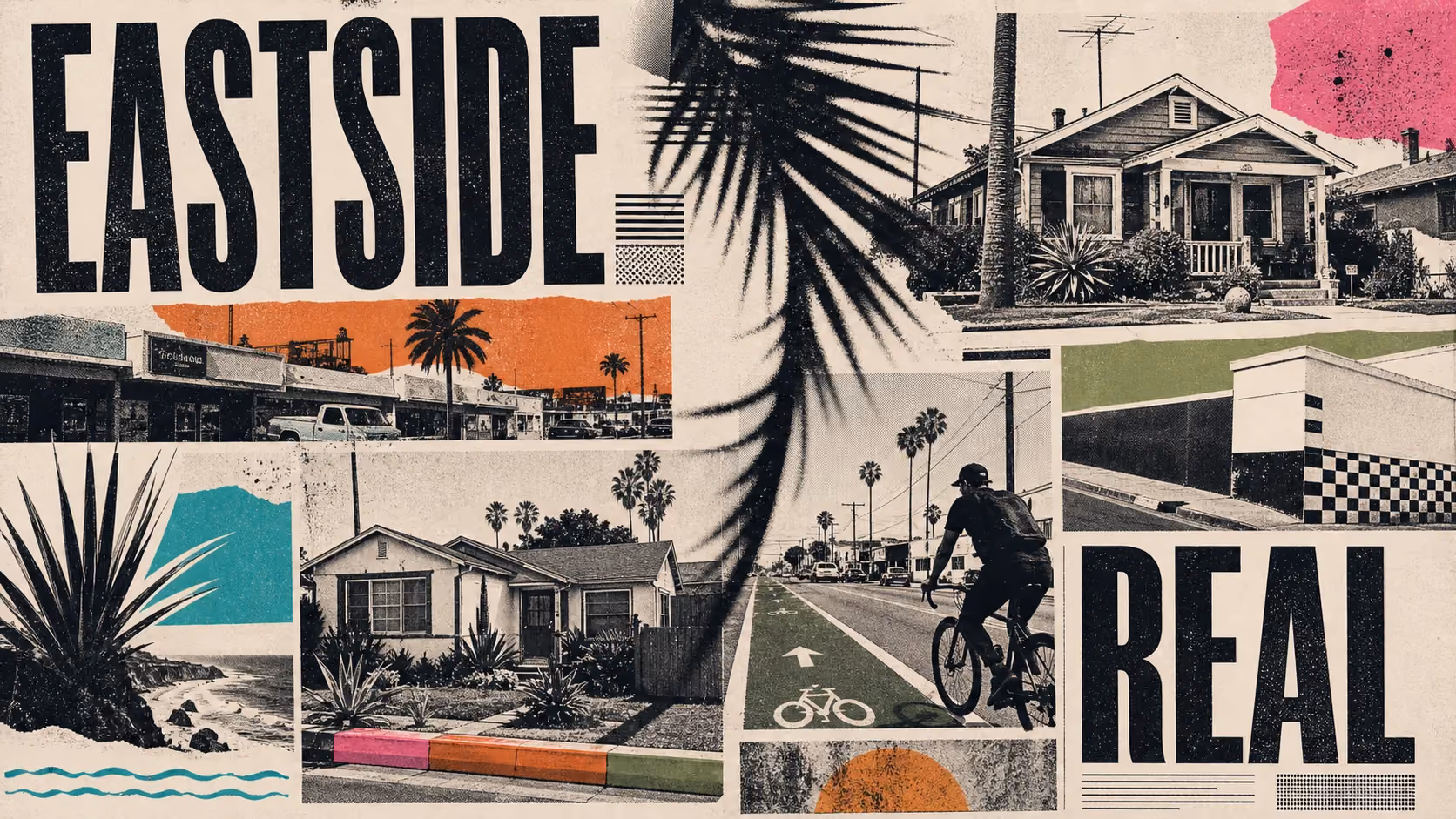 Editorial illustration of Eastside Costa Mesa with mid-century bungalows, tree-lined streets, and a local neighborhood coffee shop.