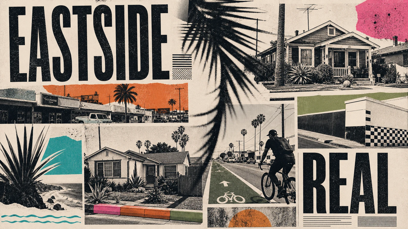 Editorial illustration of Eastside Costa Mesa with mid-century bungalows, tree-lined streets, and a local neighborhood coffee shop.