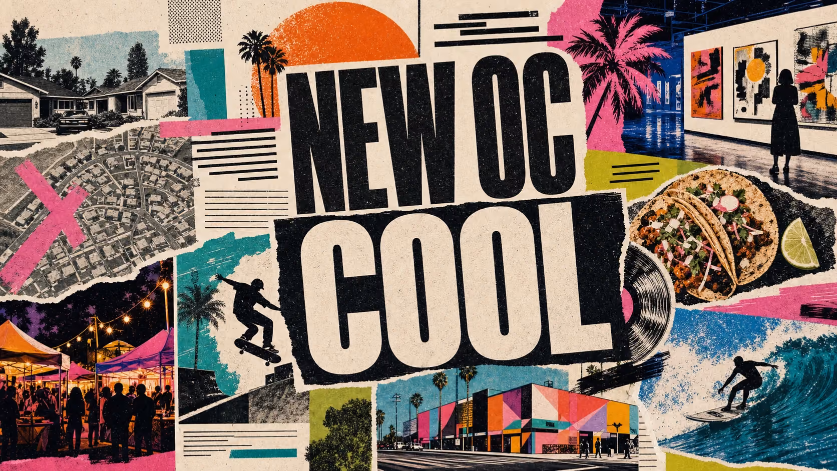 Editorial illustration of modern Orange County culture, with food halls, surf and street style, and a contemporary skyline.